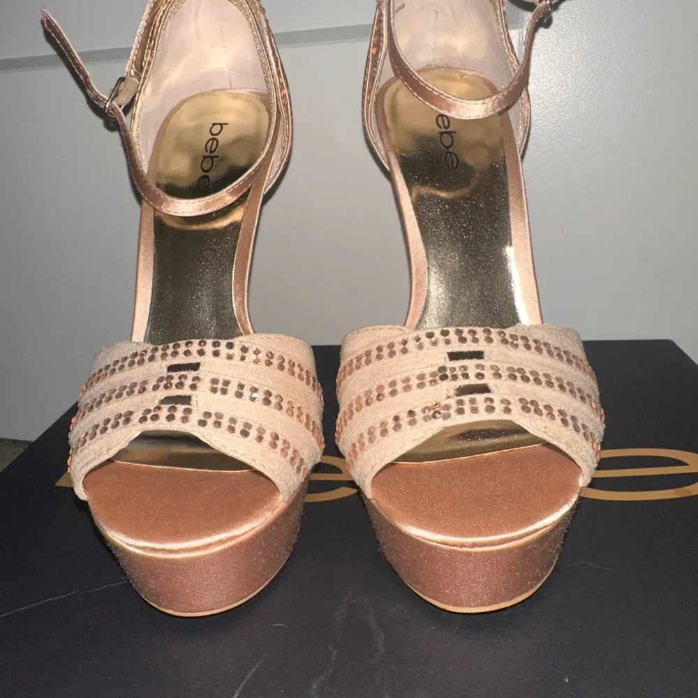 bebe Blush Pink Platform Peep-Toe Ankle Strap Heels